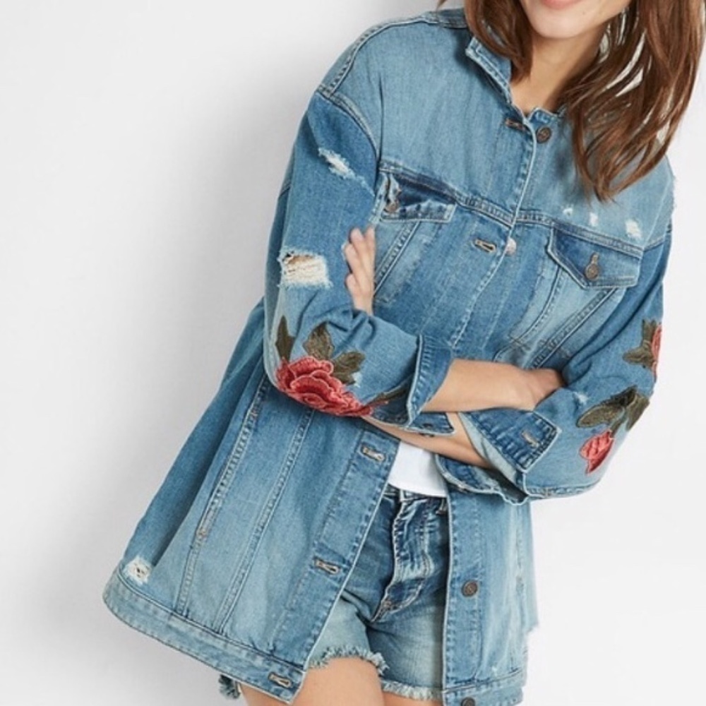 EXPRESS rose embroidered denim jacket